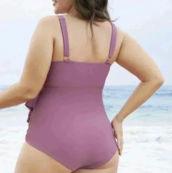 Solid sculpt waist patchwork ruffle tiered one piece swimsuit Lilac color 18-20 - Picture 7 of 8